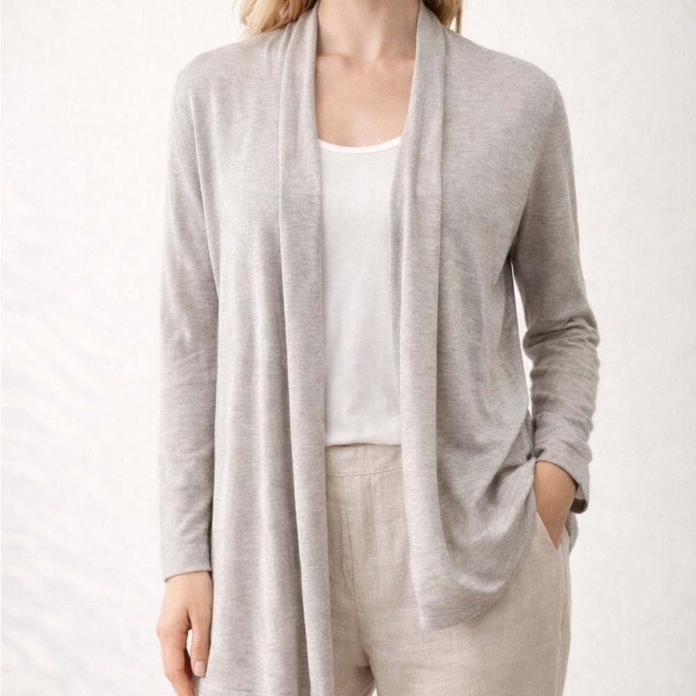 Joan Vass Gray Open Front Cardigan 100% Viscose Knit Long Sleeve Womens M